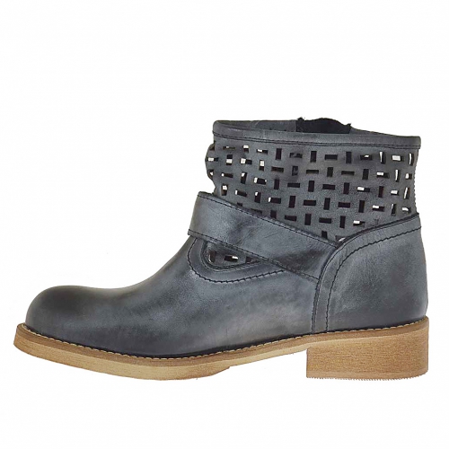Botines perforados para mujer con hebilla y cremallera en piel anticada  negra